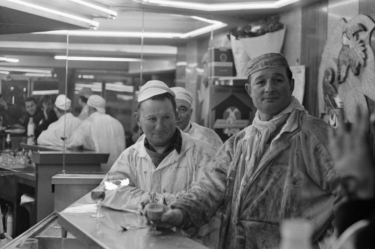 #131 Butchers at the cafe during the move from Les Halles to Rungis in Paris, France, February 28, 1969.