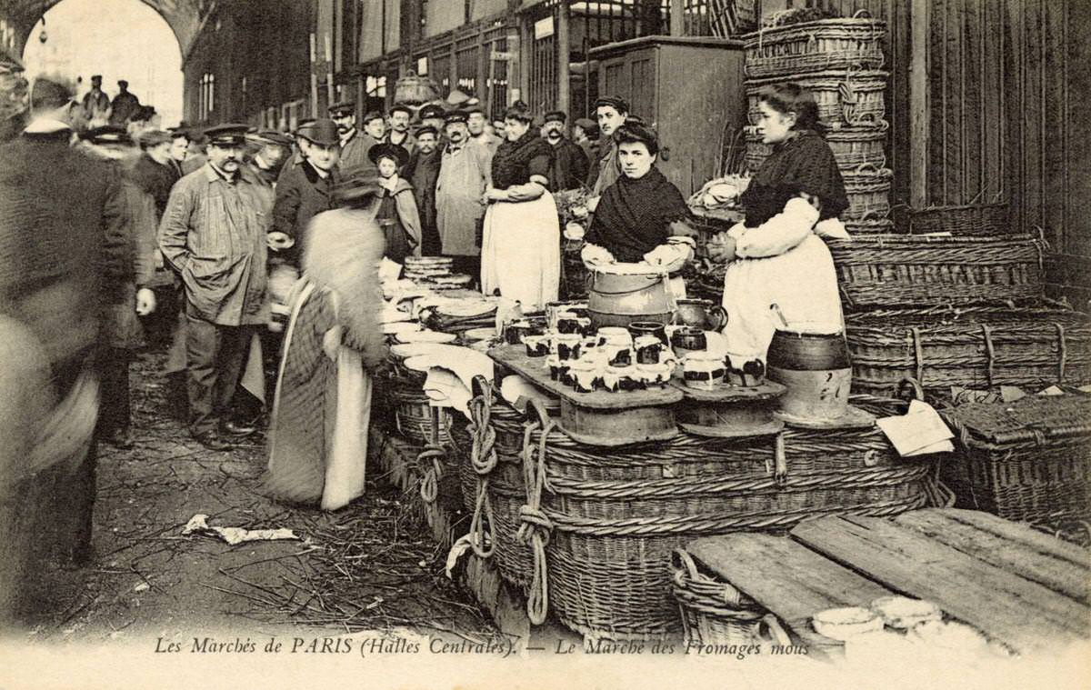 #77 A cheese stall in Les Halles in Paris, 1908.