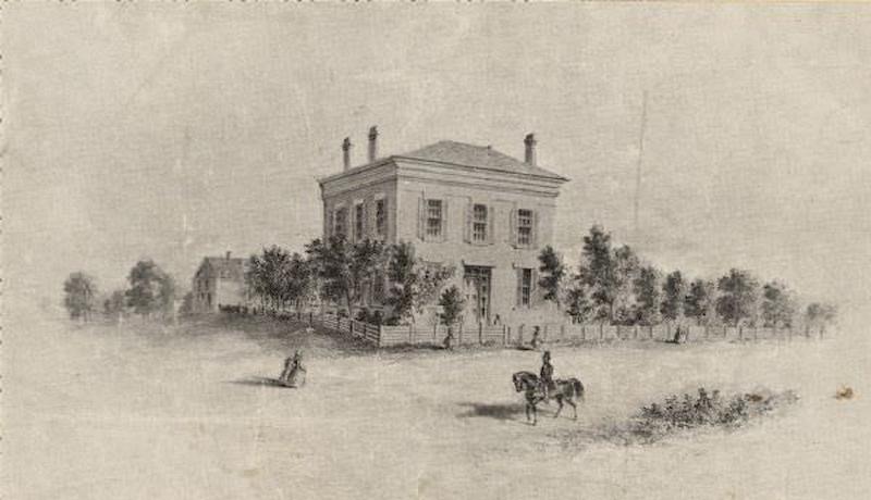 #34 Notre Dame Convent, 1871. The building has a fence around it and the yard is filled with trees. Pedestrians are in the road, as well as a man riding a horse.