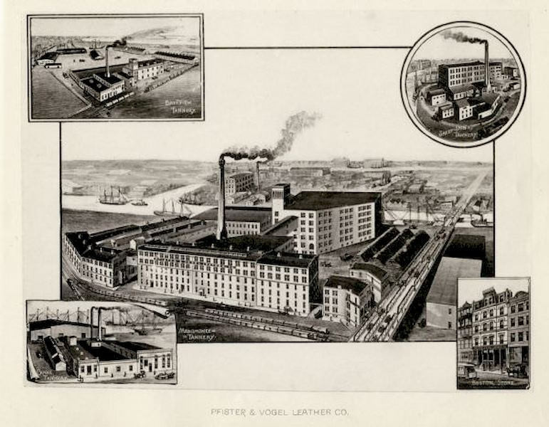 #50 Engraving of an elevated view of the Pfister and Vogel Leather Company Menomonee Tannery in Milwaukee, 1892