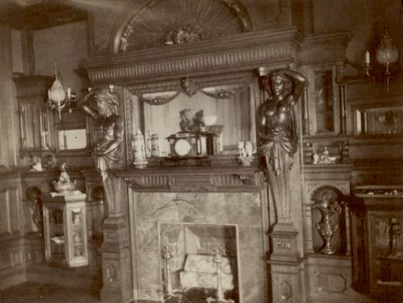 #56 Fireplace.1893. An atlas, left, and caryatid flank the fireplace in the dining room of the George Brumder residence at the corner of Grand (later Wisconsin) Avenue and 18th Street.