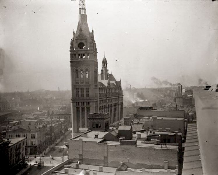 #64 Elevated view from the top of a building of Milwaukee City Hall under construction, 1895