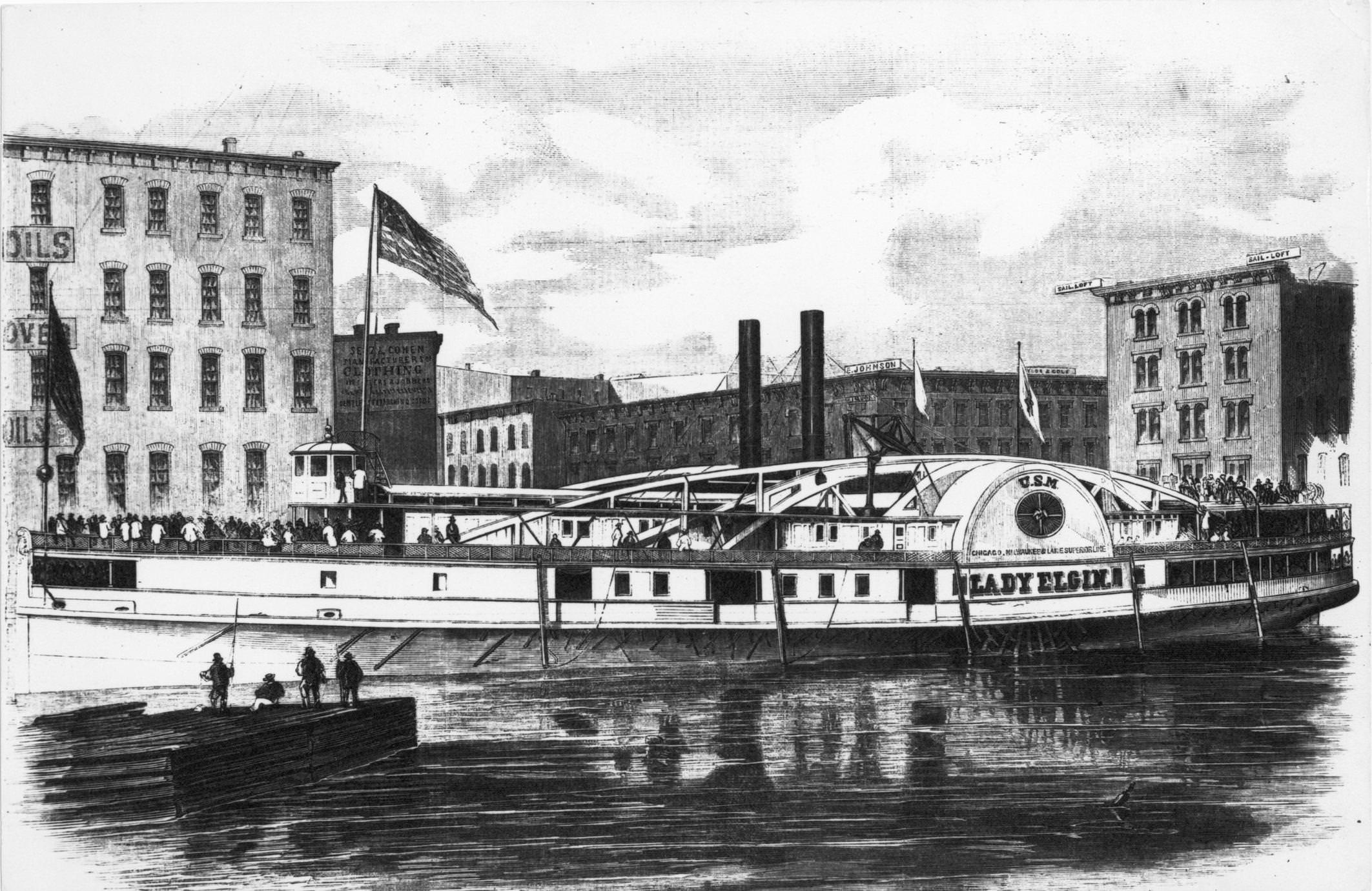#16 A lithograph from Frank Leslie’s Illustrated Newspaper of the Lady Elgin docked, 1860