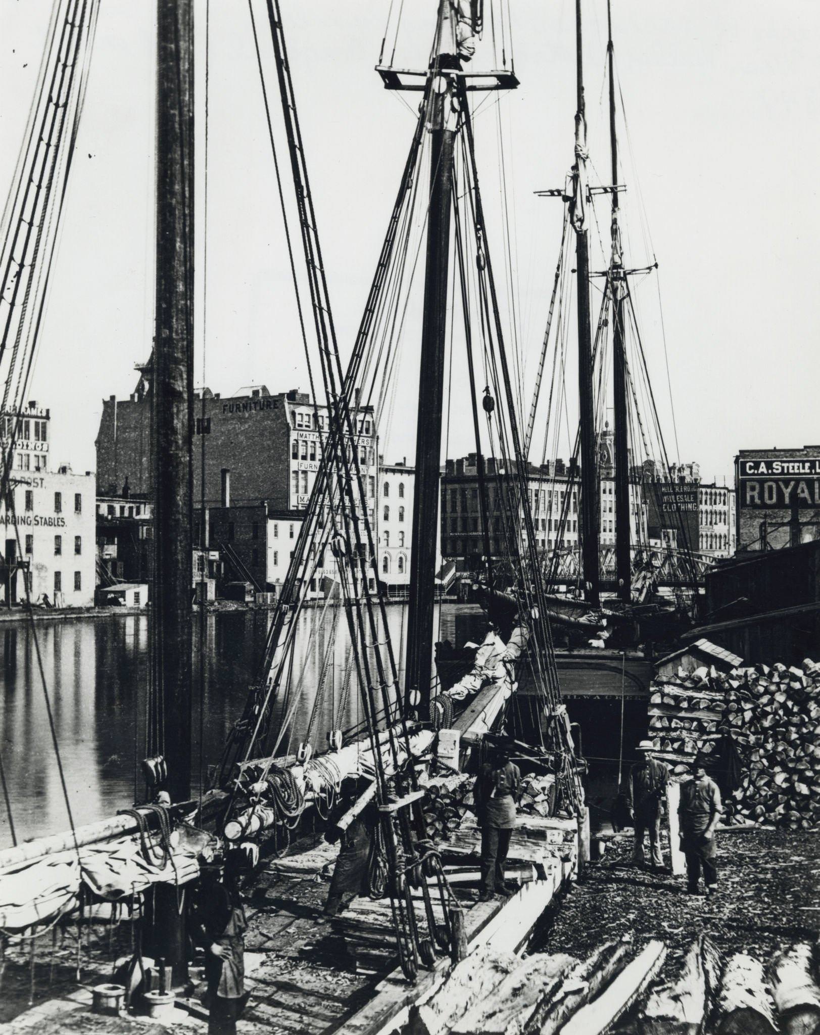 #45 Elevated view of a deck of a schooner hauling lumber, Milwaukee, Wisconsin, 1875.