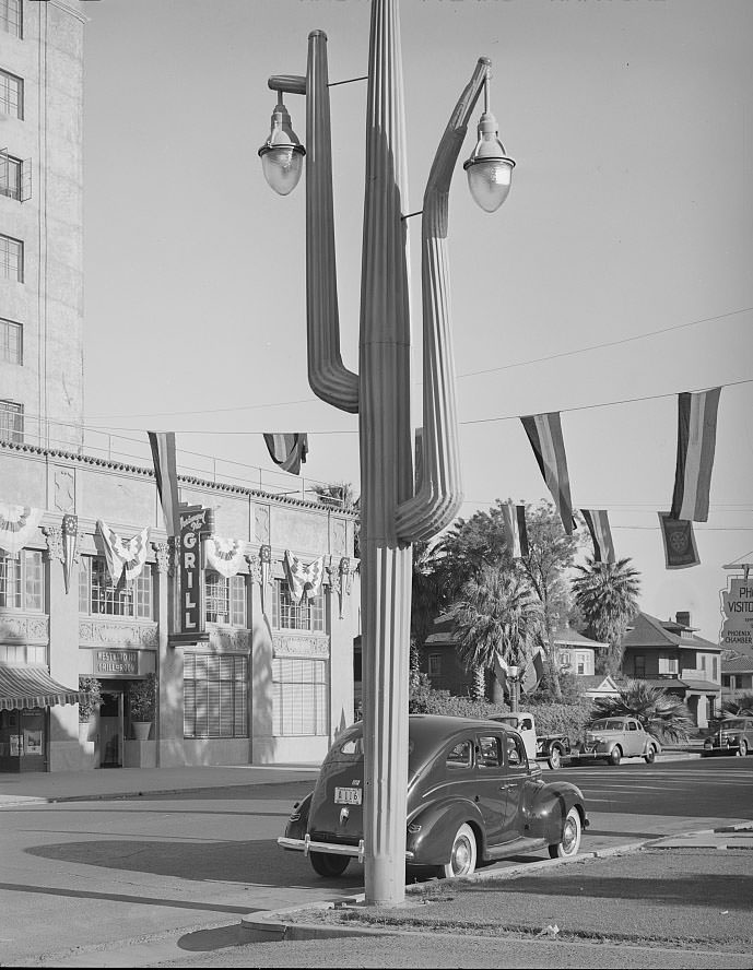 #104 Cactus light standard in front of hotel in Phoenix, Arizona, 1940