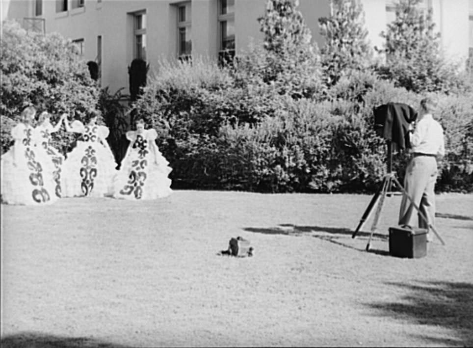 #143 Young high school girls being photographed in their graduation play costumes, Phoenix, Arizona, 1940