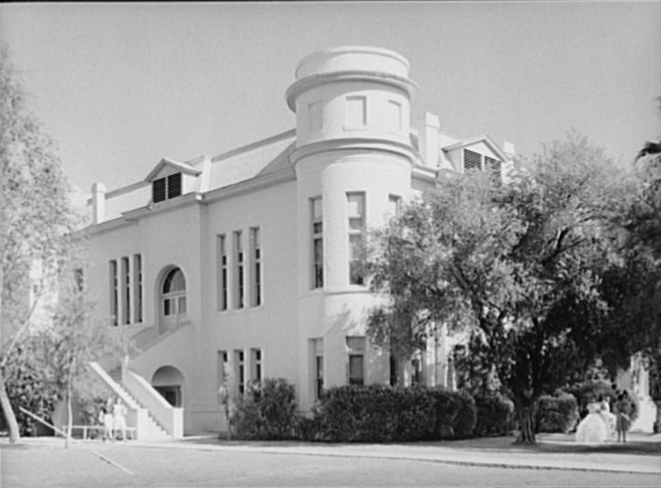 #144 Corner of one of the main buildings of the Phoenix Union High School, Phoenix, Arizona, 1940