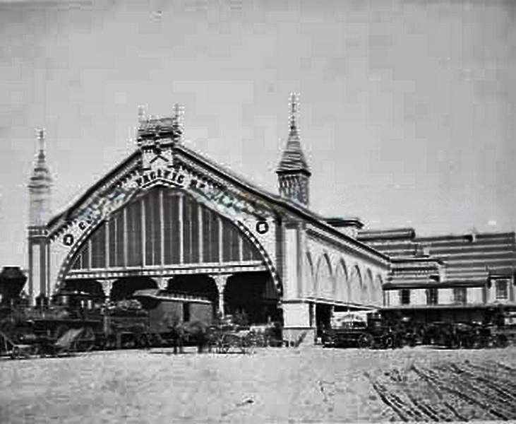 #112 Central Pacific Railroad Depot with Western Hotel coach at the depot, 1880