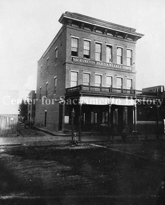 #1 Sacramento Daily and Weekly Union newspaper office at 520 J Street about the 1880s. The newspaper started in Sacramento in 1851.