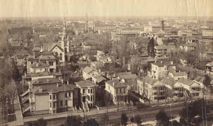 #41 Five aerial views of Sacramento taken from the dome of the State Capitol, combined giving a panoramic view of Sacramento north of L Street, 1884