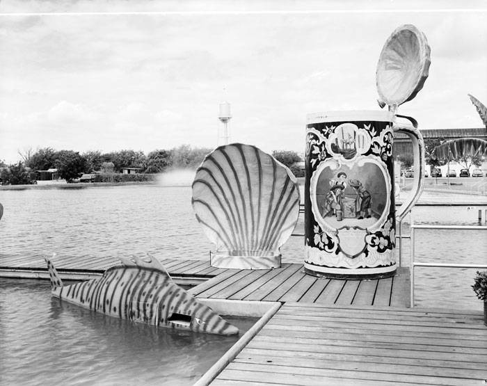 #58 Props used during Lone Star Aquacade at lake on grounds of Lone Star Brewing Company, 1954