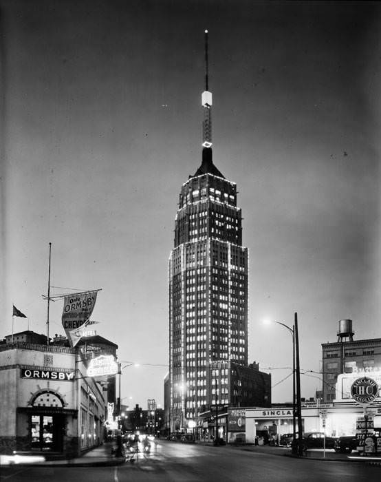 #8 Transit Tower (former Smith-Young Tower) decorated with Christmas lights, 1950
