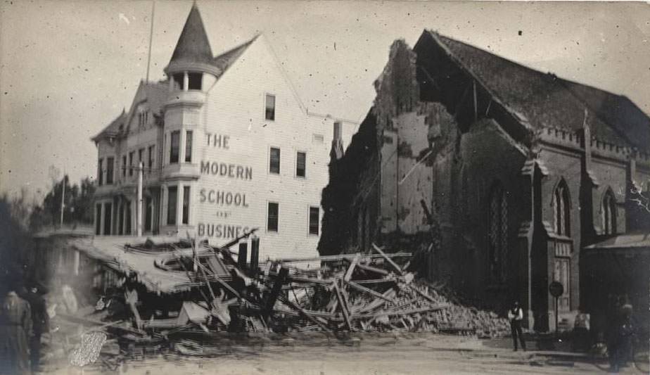 #15 Earthquake damage to Presbyterian Church, North Third Street, San Jose. CA. Modern School of Business is in background, 1906