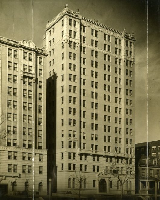 #127 The Park Royal Apartments (also known as the President Apartments), fifteen stories in height and containing fifty-six large suites, has just been completed at 4605 Lindell Boulevard, 1930