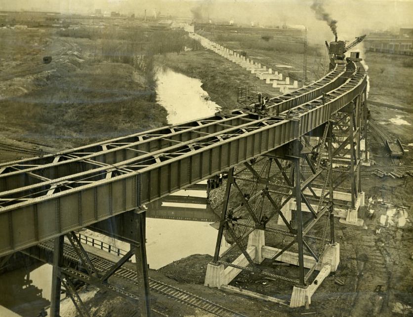 #150 Erecting the new north east approach to the St. Louis Municipal Bridge, 1932