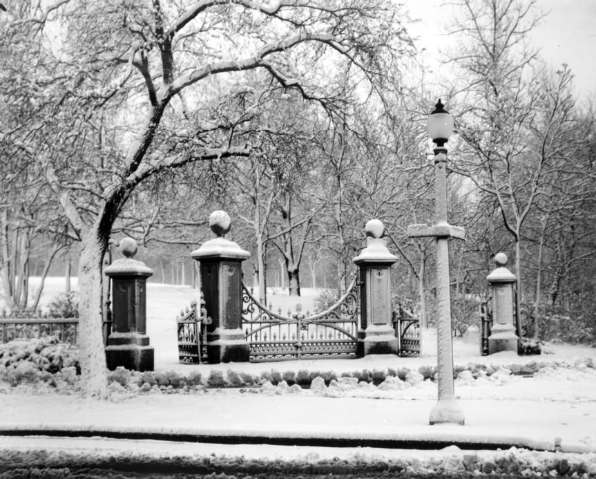 #178 The snow-covered entrance gates to Lafayette Park in the winter, 1934