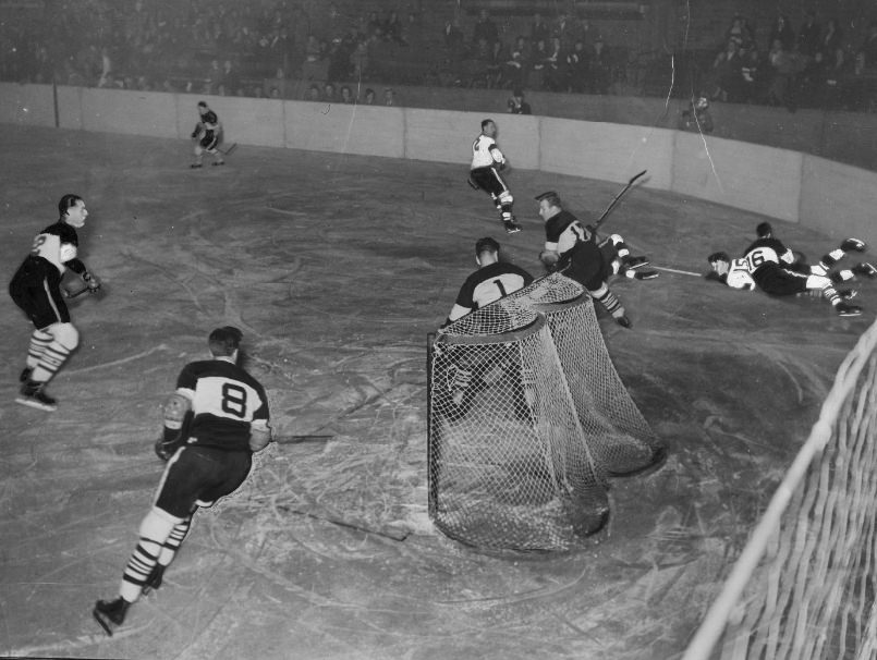 #184 Feathers Flying at Hawk’s Goal. St. Louis Eagles Hockey Team, 1934