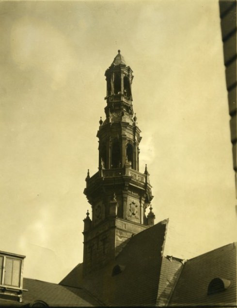 #195 The historic main tower of the City Hall, over the Twelfth boulevard entrance, which is to be torn down, 1936