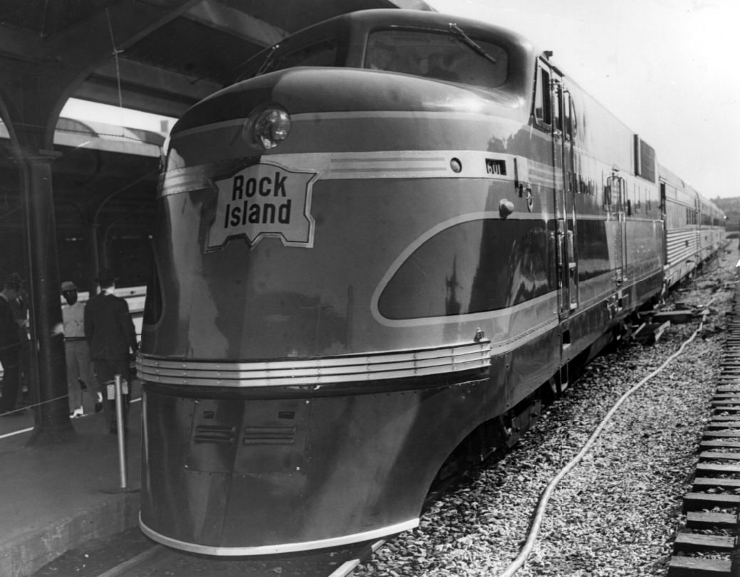 #47 This new “Rocket” of the Rock Island Lines was on exhibition at Union Station yesterday prior to beginning scheduled twice-a-day round trips between Chicago and Peoria, 1937