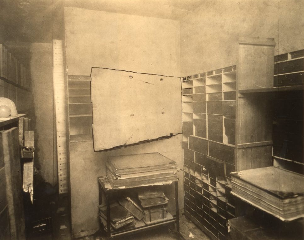 #80 Grand National Bank deposit boxes after the robbery, 1930