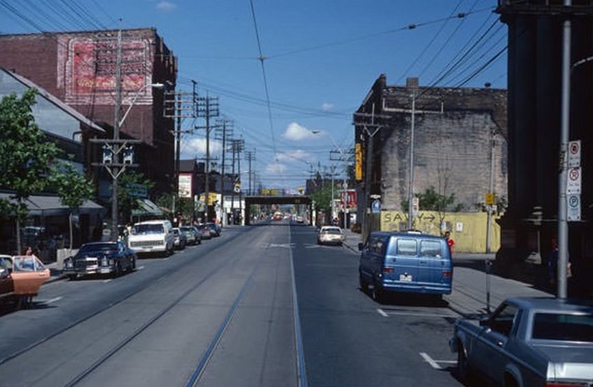 #74 Queen and Saulter, looking toward the rail bridge, June 6, 1981.
