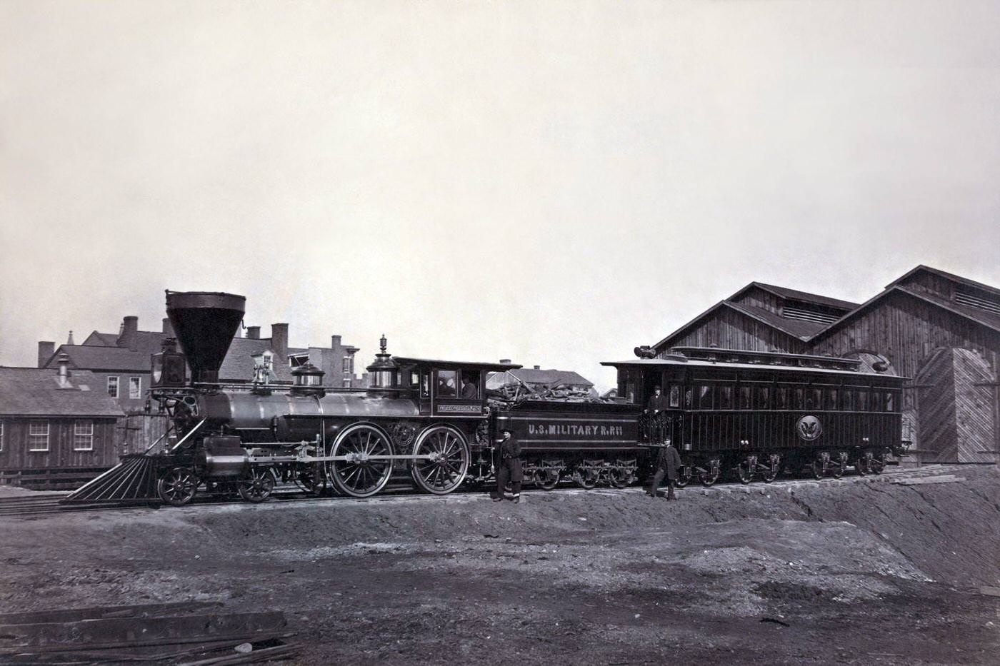 #89 Engine W. H. Whiton, and President’s car, Alexandria, 1865