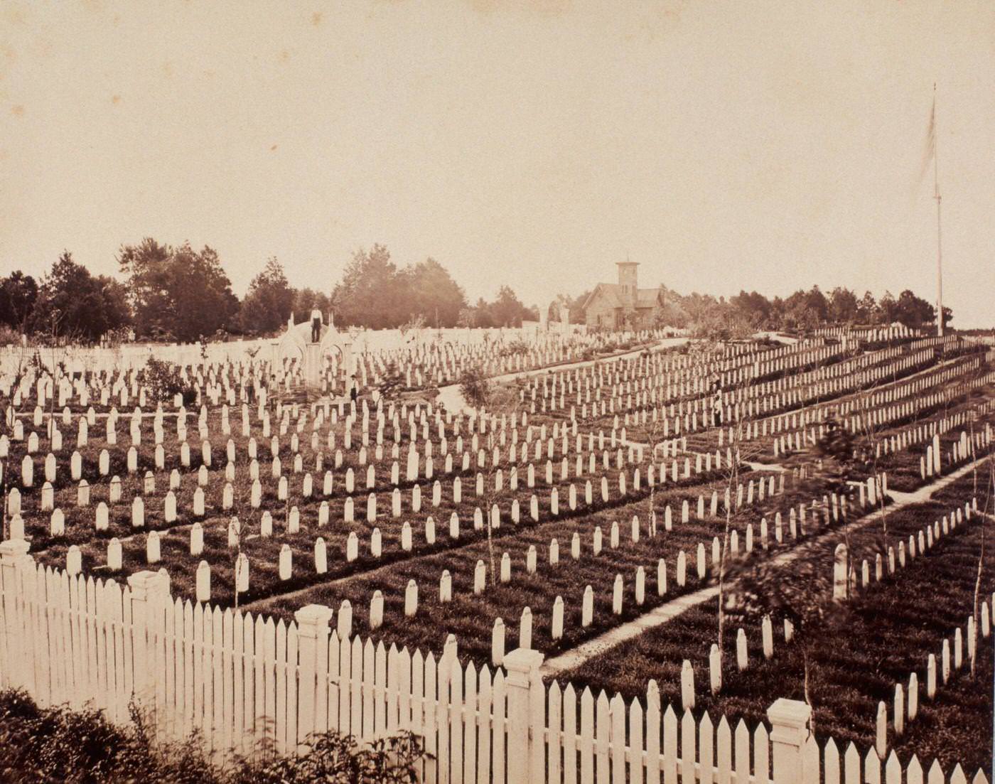 #98 Rows of white grave markers fill a large Civil War cemetery in Alexandria, Virginia, 1860s