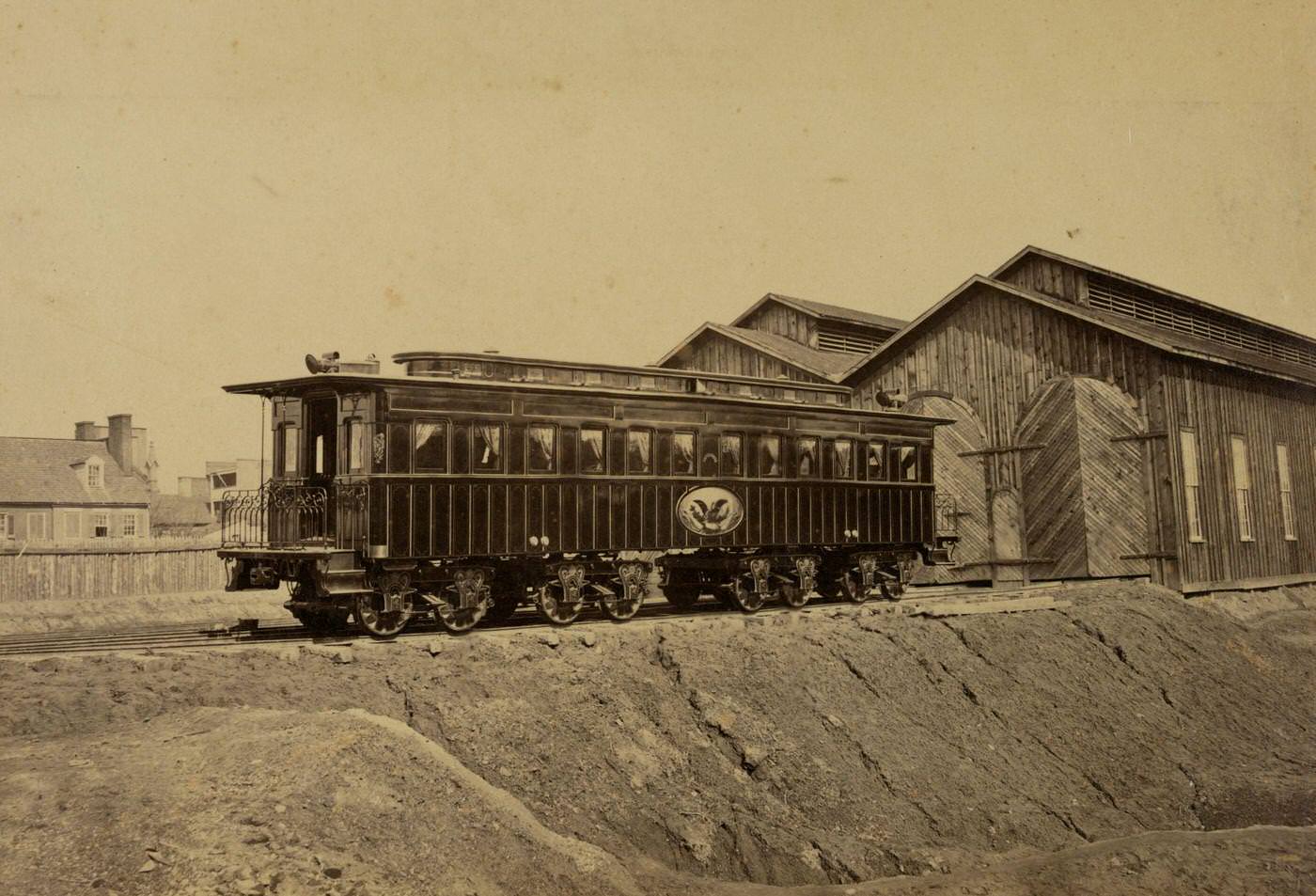 #115 President’s rail car at the Alexandria station. Photograph probably taken in Jan. The car was later used as Lincoln’s funeral car, 1863