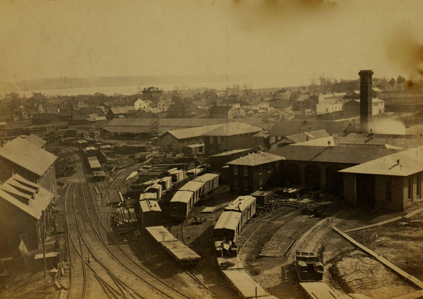 #121 Bird’s eye view of machine shops, with east yard of Orange & Alexandria Railroad, 1863