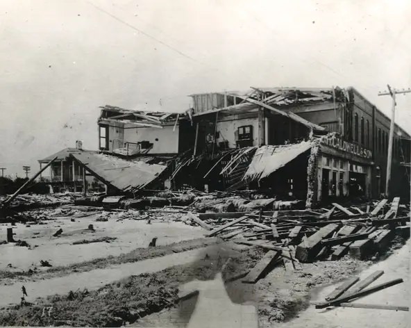 #89 The E.H. Caldwell & Son hardware and machinery warehouse at Chaparral and William streets in downtown Corpus Christi following the 1919 hurricane.