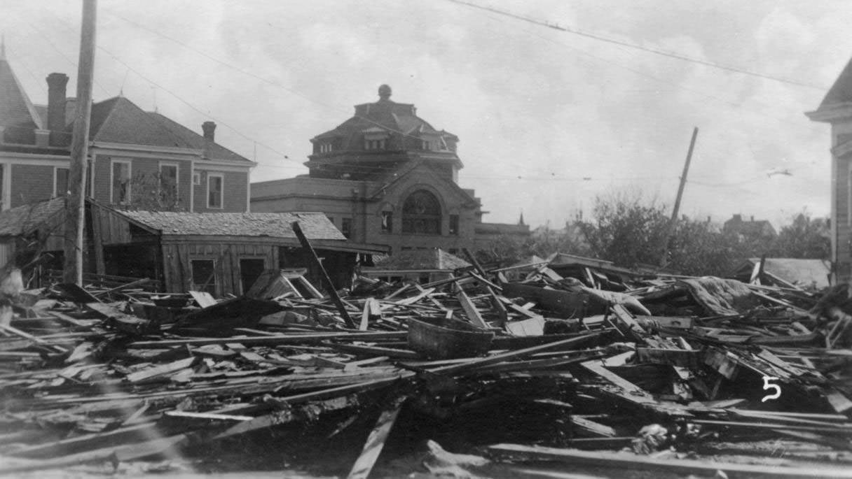 #11 Methodist Church and two other buildings standing after the hurricane of 1919 in Corpus Christi.