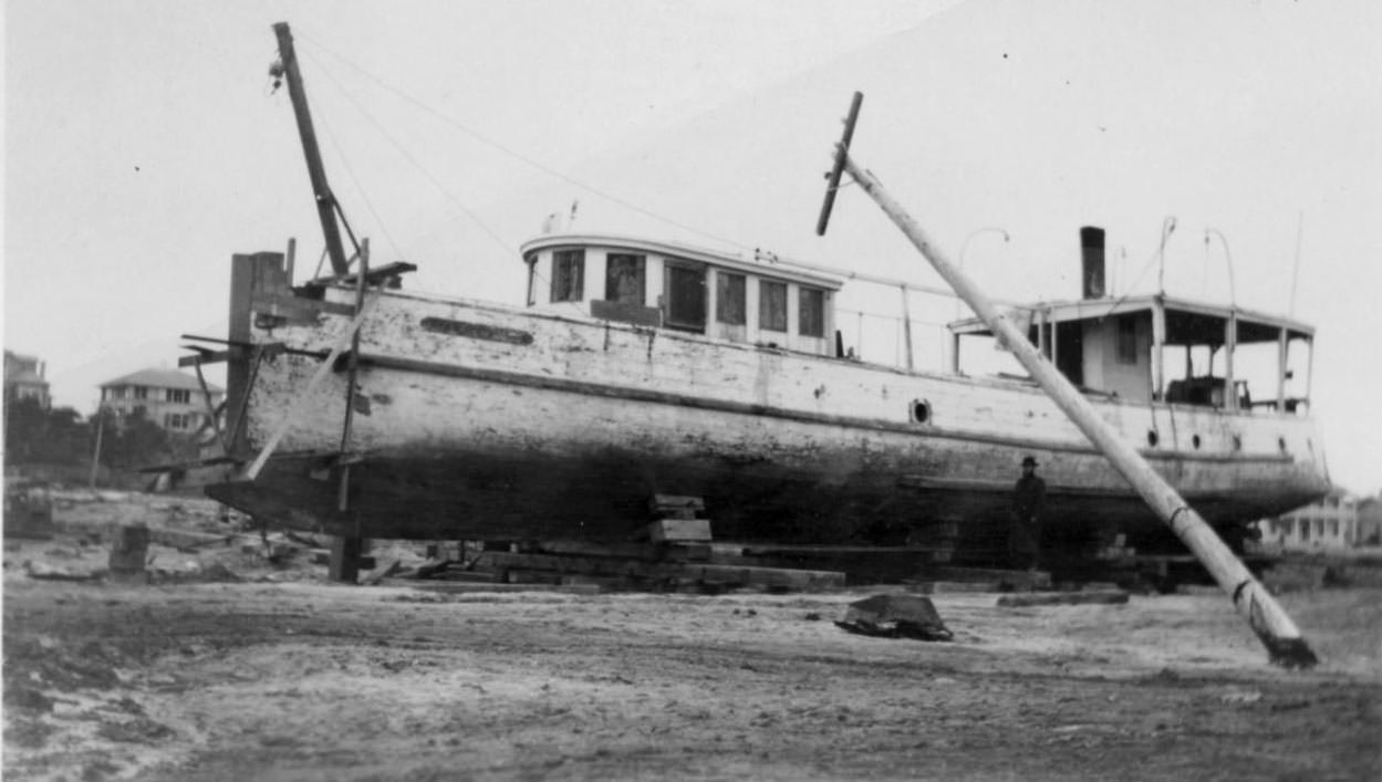 #61 A boat, the Japonica, after the hurricane of 1919 in Corpus Christi.