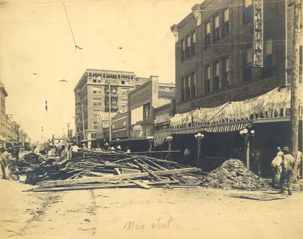 #93 Shirts are hung to dry outside Lichtenstein’s department store on Chaparral Street after the 1919 hurricane struck Corpus Christi.