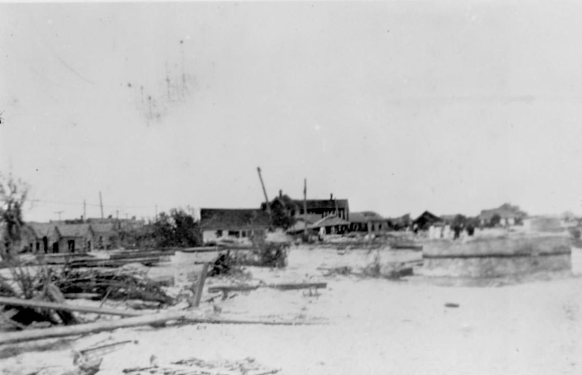#20 A damaged neighborhood in Corpus Christi, Texas around the time of a hurricane in 1919.