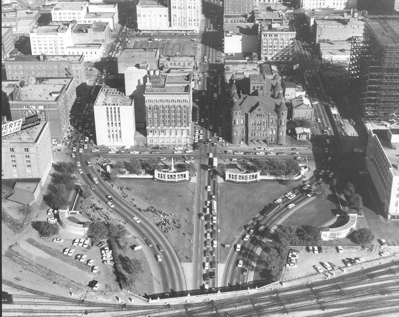 #102 An aerial of triple underpass at Dealey Plaza, Dallas, Texas, 1963