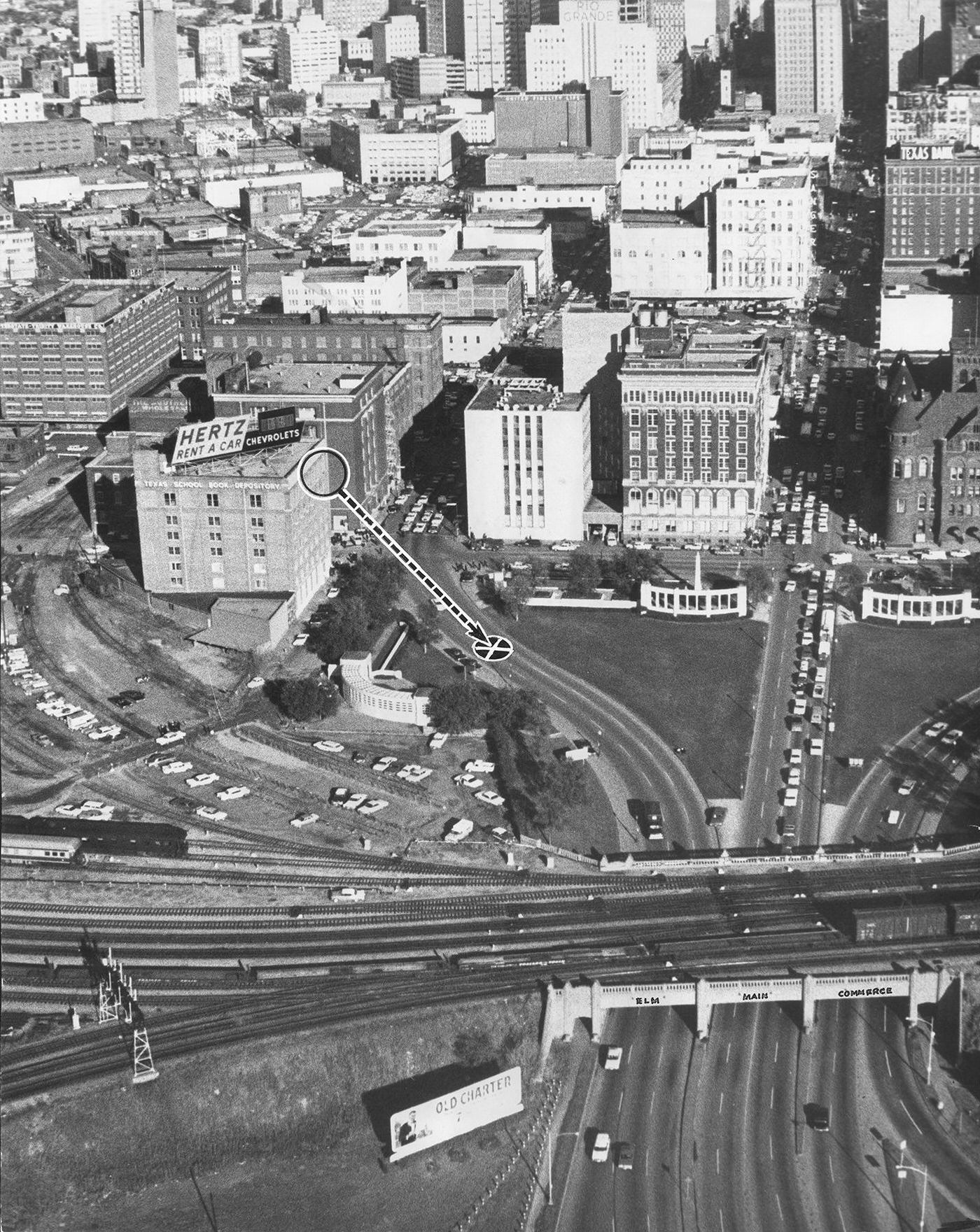 #154 Airview of Dealey Plaza and Texas School Book Depository following assassination of President John F. Kennedy, 1963