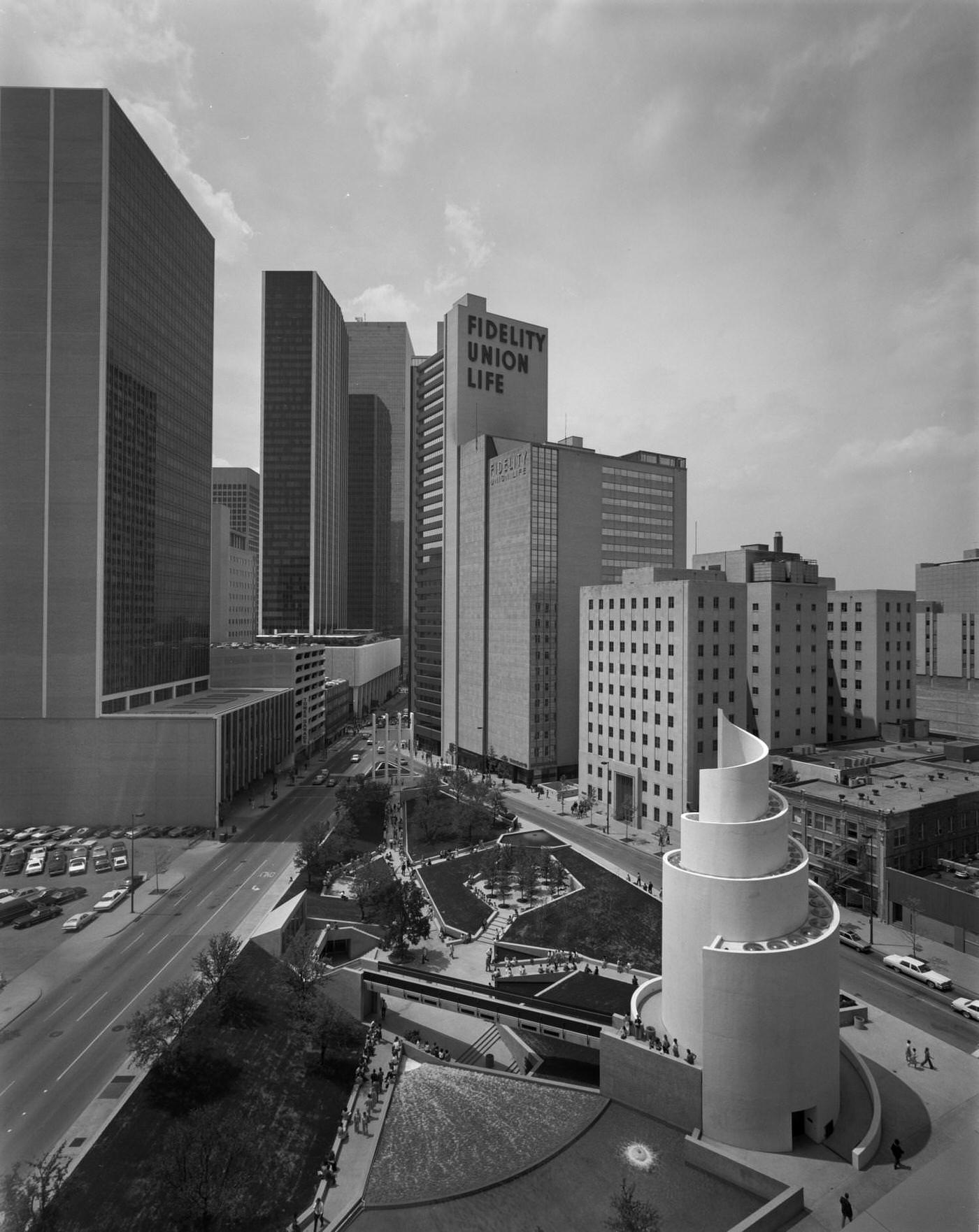 #18 verview of Downtown Dallas, 1960s. The picture includes Thanksgiving Square and the Fidelity Union Life building.