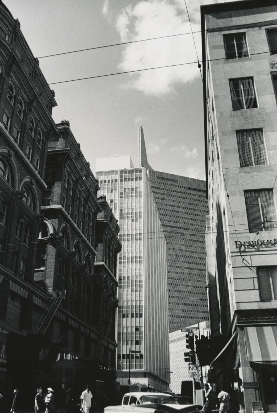 #65 Low angle shot photograph from a street view of Downtown Dallas, 1960s