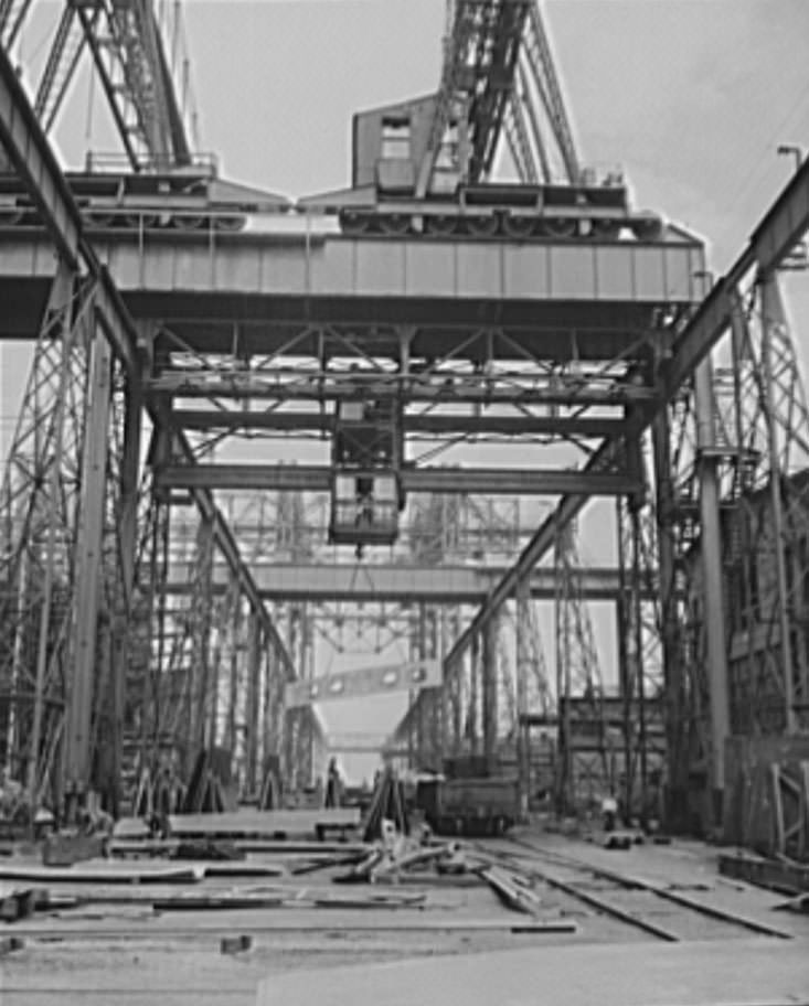 #17 Here is a section of the huge building ways, large enough to permit construction of the largest of super-battleships, 1941