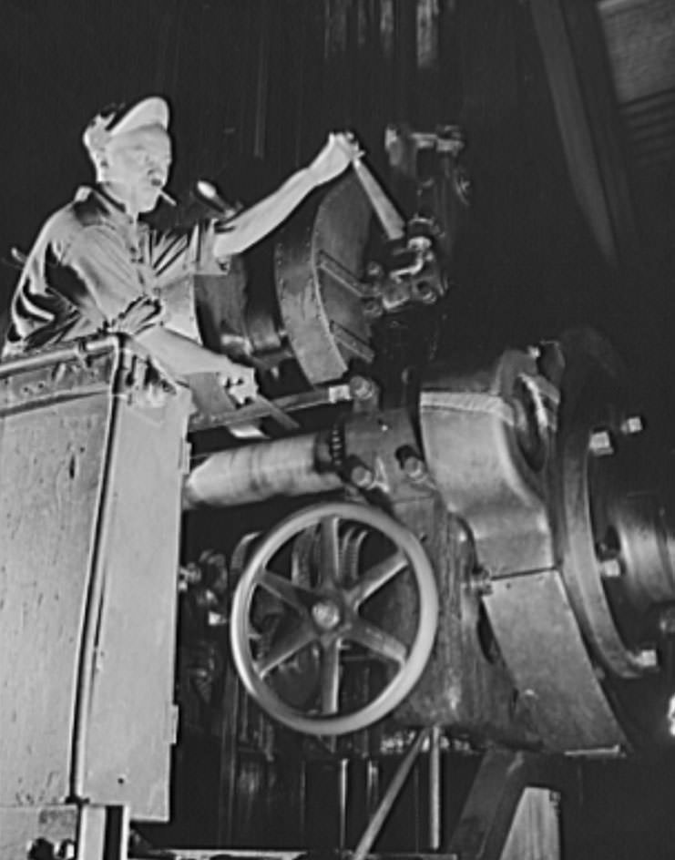 #46 There are many complicated machining operations involved in the production of ships for our two-ocean Navy. This skilled worker is one of thousands at the Newport News ways, 1941