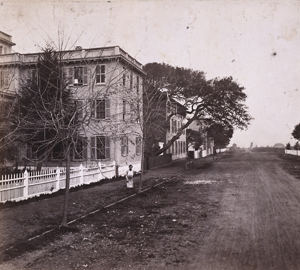 #23 Harrison Street from 12th, looking North, showing University Buildings, Oakland, 1860s
