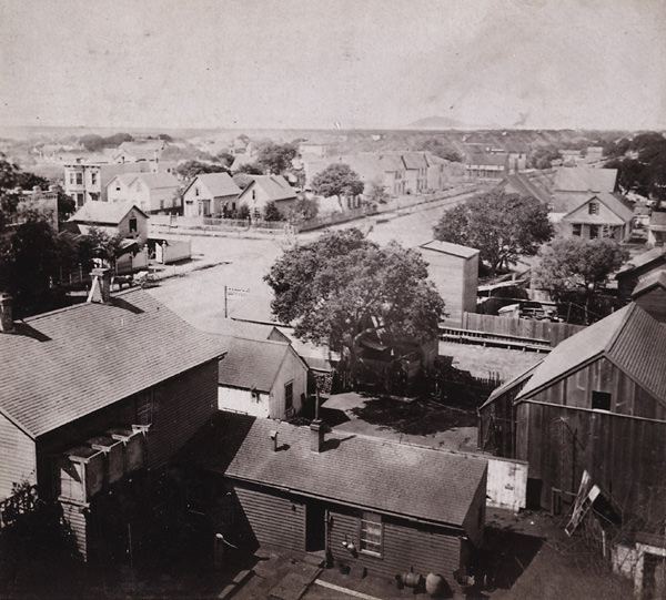 #67 General View of Oakland, from Wilcox Block, looking S. W., Goat Island in the distance, 1862