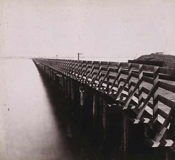 #70 Railroad Pier, San Francisco Bay–looking towards Oakland, 1868