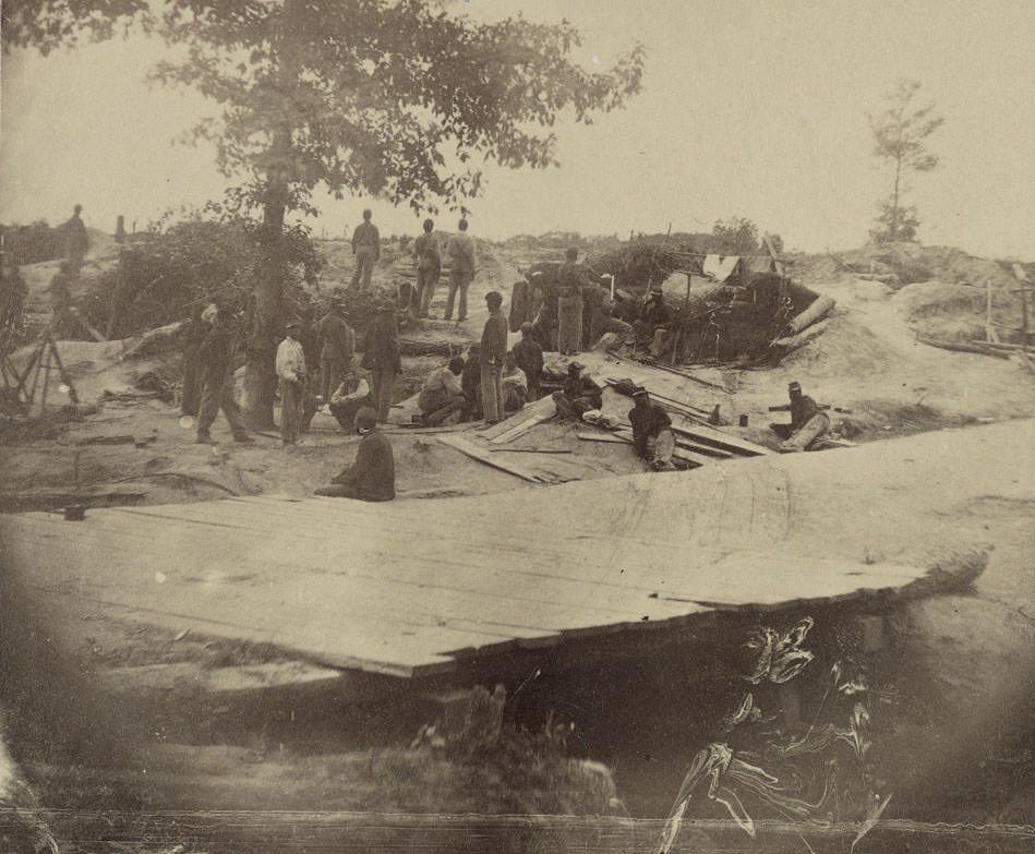 #118 Part of Federal Line of Works showing bombproof tents occupied by U.S. Colored Troops in front of Petersburg. Aug. 7, 1864