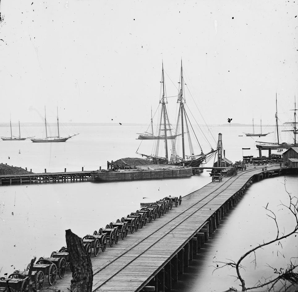 #13 Wharf, Federal artillery, and anchored schooners, Petersburg, 1860s