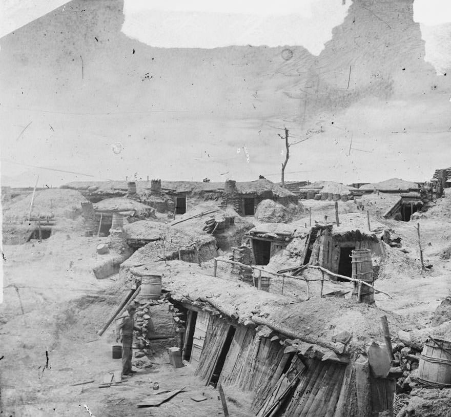#177 Interior of Fort Sedgwick, with bomb-proof quarters of garrison, 1865