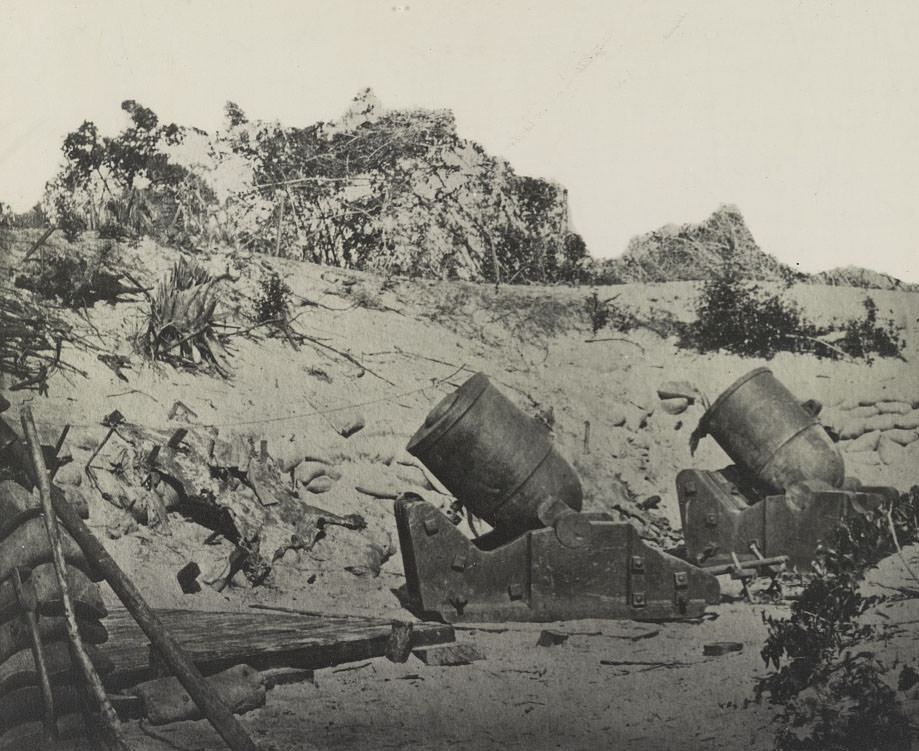 #50 Two trench mortars behind sandbagged barricade, 1860s