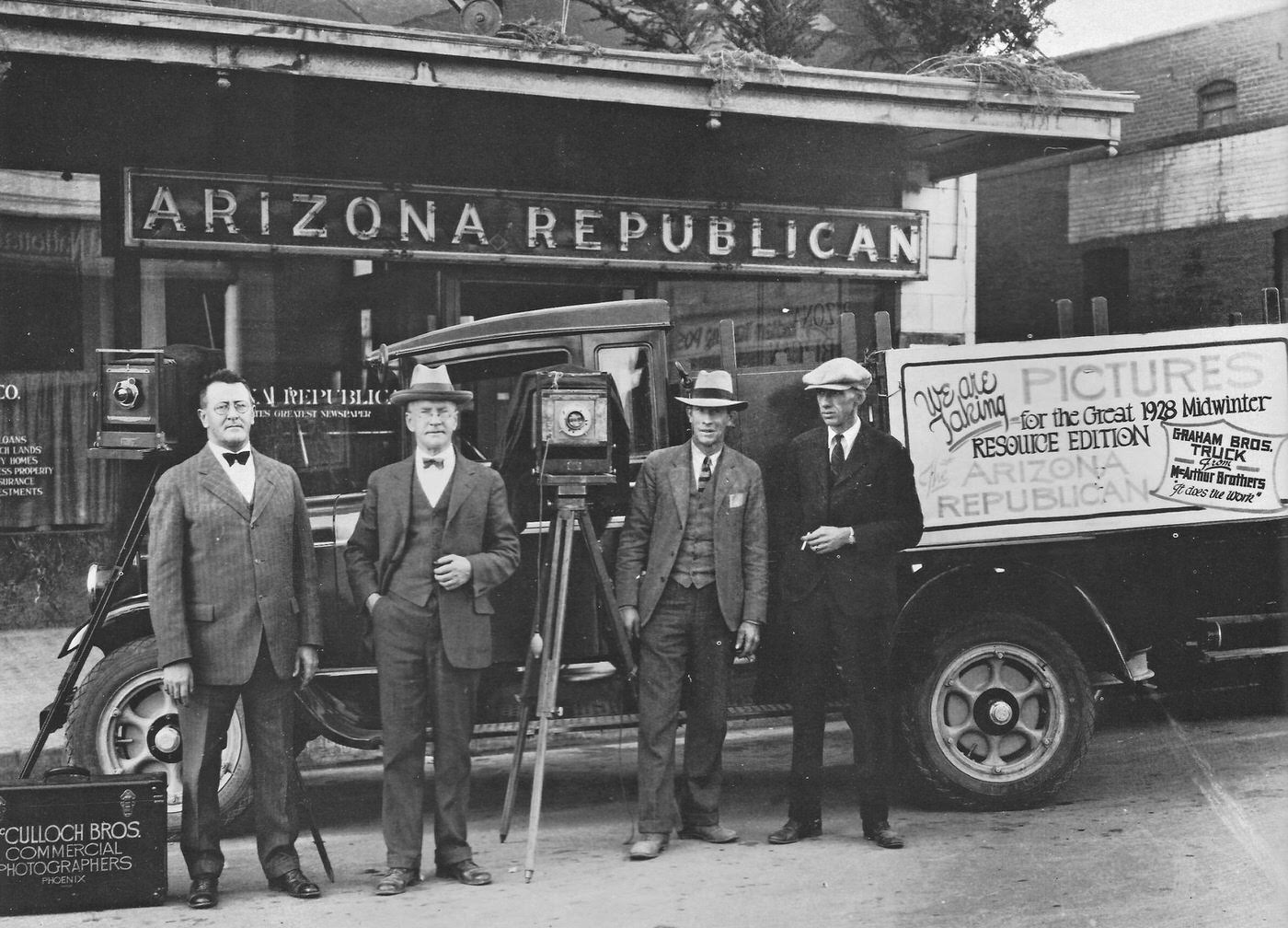 #78 The McCulloch Brothers Commercial Photographers posing in 1928 outside the Arizona Republican offices.