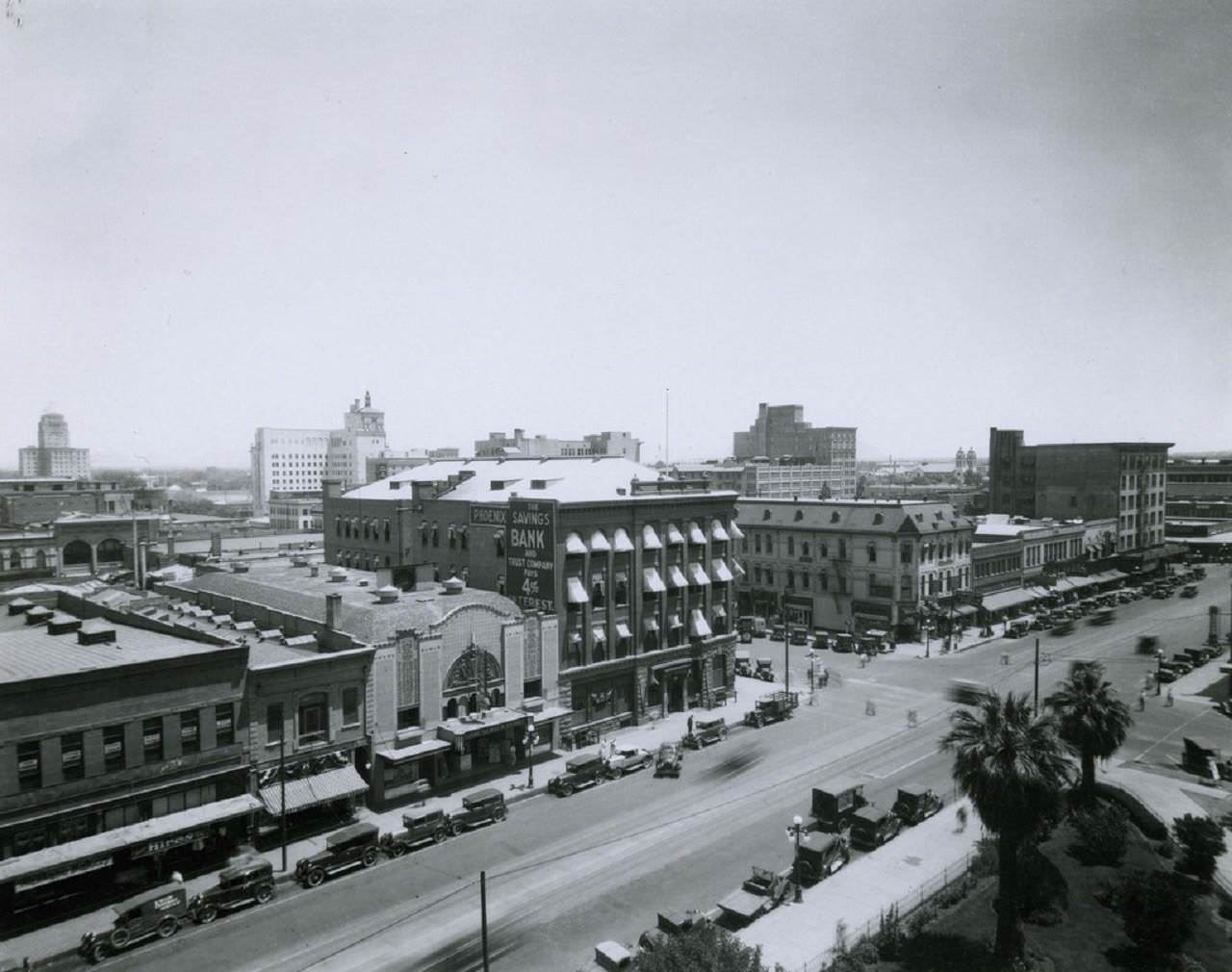 #81 A skyline shot in 1929 of First Avenue and Washington, taken from the new City-County Building. The intersection shows the Fleming Building and the Monohon Building.