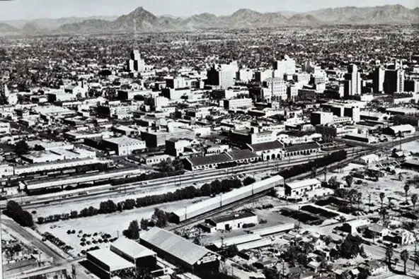 #128 1940 aerial shot of downtown Phoenix looking northeast.